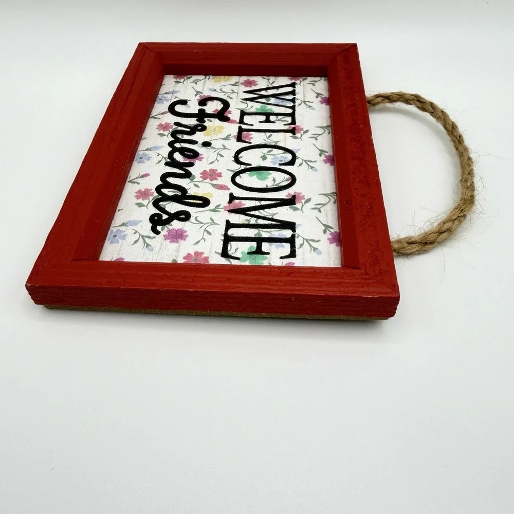 Rustic Welcome Friends Wooden Sign Floral Wall Decor Red Frame‎ Rope Hanging